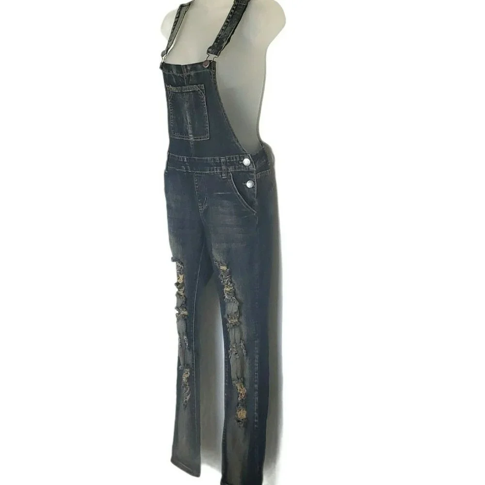 VIP Jeans Distressed Dark Wash Denim‎ Bib Overalls